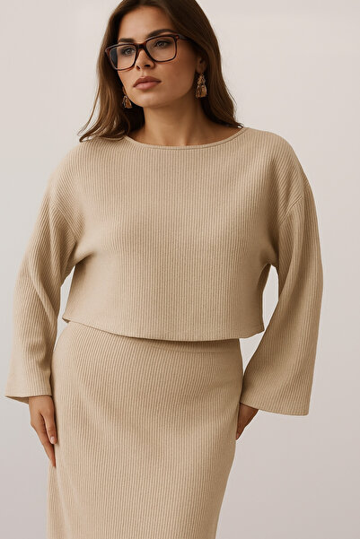 missamour Women's Basic Burgundy Ribbed Skirt Two-Piece Set