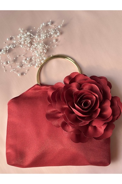 GUSTELLO Burgundy Gold Metal Handle 3D Rose Motif Flower Handbag |   Wedding/Invitation Packages