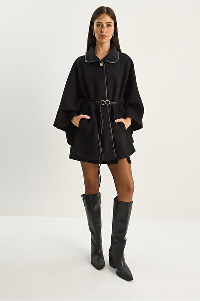 Bianco Lucci Women's Pocket Detailed Faux Leather Belted Cashmere Poncho 60282035