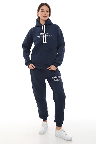 PHANTOM JEANS Μπλε κομψό γυναικείο σετ αθλητικής φόρμας από φλις με ελαστικό πόδι και τσέπες με κουκούλα Κεντημένο σετ με λεπτομέρειες