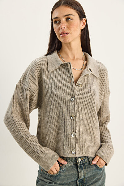 Bianco Lucci Women's Shirt Collar Button Detail Knitwear Cardigan Th251055 60283740