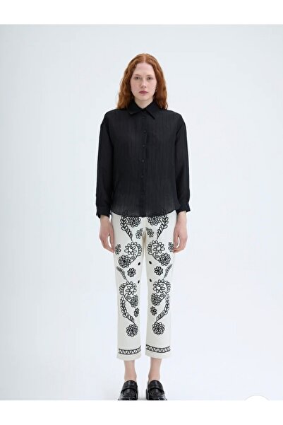 Quzu İnce Çizgili Düğmeli Oversize Gömlek