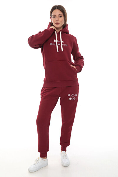 PHANTOM JEANS Μπορντό κομψό γυναικείο σετ αθλητικής φόρμας από φλις με ελαστικό πόδι και τσέπες με κουκούλα Κεντημένο σετ με λεπτομέρειες