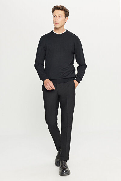 ALTINYILDIZ CLASSICS Мъжки черен вълнен пуловер със стандартна кройка, права кройка и обло деколте