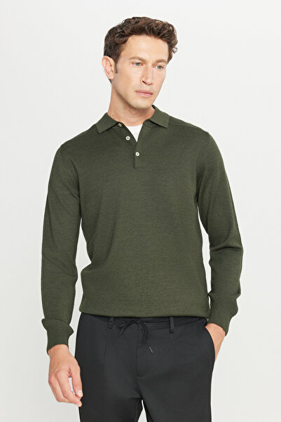 ALTINYILDIZ CLASSICS Men's Khaki Wool Standard Fit Regular Cut Polo Neck Basic Knitwear Sweater