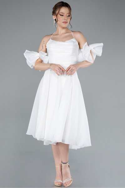 Abiyefon Ekru Kol Aksesuarlı Midi Tafta Mezuniyet Elbisesi ABK2290