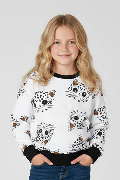 FYK KİDS Φούτερ για κορίτσια με μοτίβο γάτας με λαιμόκοψη
