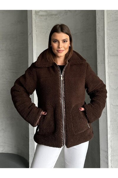 MODA Υπερμεγέθες Καφέ Λούτρινο Παλτό με Οβάλ Τσέπες