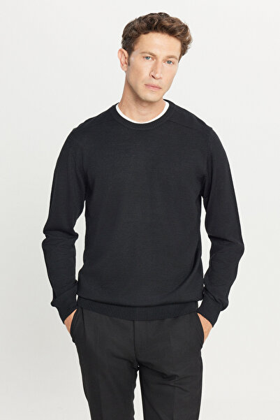 ALTINYILDIZ CLASSICS Tricotaj pentru bărbați, din lână neagră, cu potrivire standard, normală croială guler rotund basic Pulover