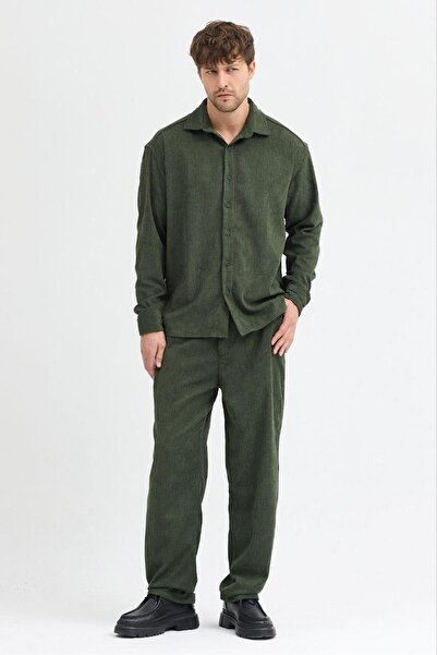 NGR بدلة كاجوال مخملية باللون الأخضر الكاكي