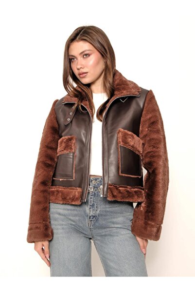 Coral Çift Cepli Fermuarlı Derili Peluş Mont M2200 Kahve