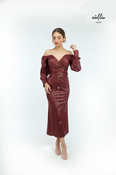 Stylish Off-the-shoulder leather midi dress in burgundy