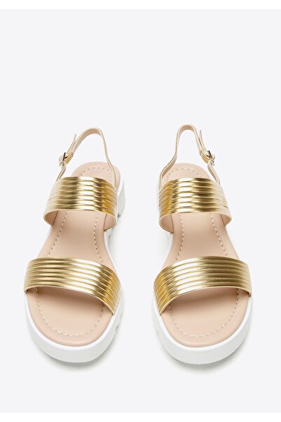 Wittchen Women's Sandals with Wide Straps on the Platform Gold Genuine Leather