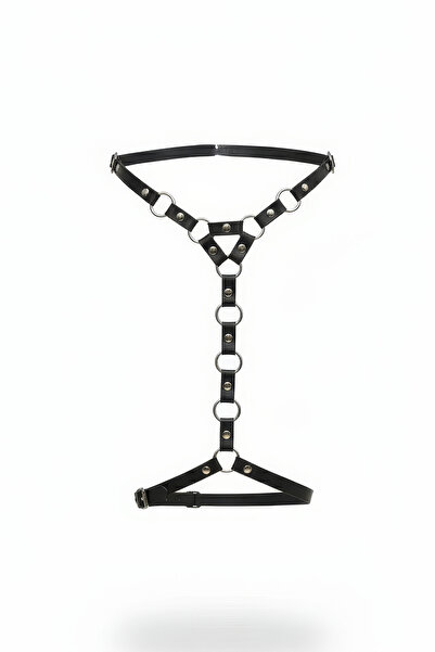 Angels Passion Curea neagră pentru femei, curea corporală cu dungi, accesoriu reglabil pentru talie și piept, cu inel metalic.