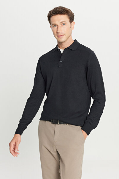 ALTINYILDIZ CLASSICS Мъжки черен вълнен пуловер с поло яка, стандартна кройка и редовна кройка