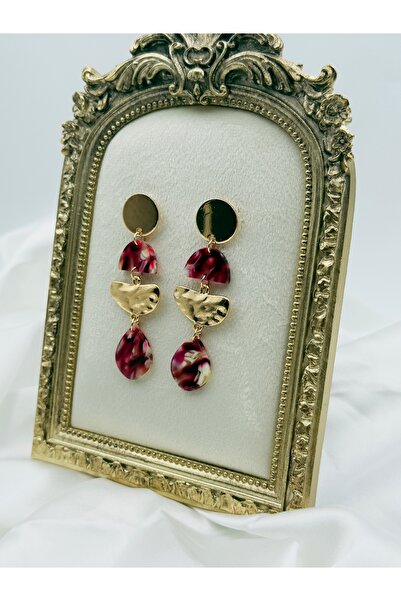 Snartun Burgundy Marble Patterned Gold Form Earrings – Artistic Sparkle | Special Boxed