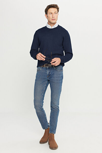 ALTINYILDIZ CLASSICS Мъжки пуловер от вълна в тъмносин цвят, стандартна кройка, с обло деколте и редовна кройка