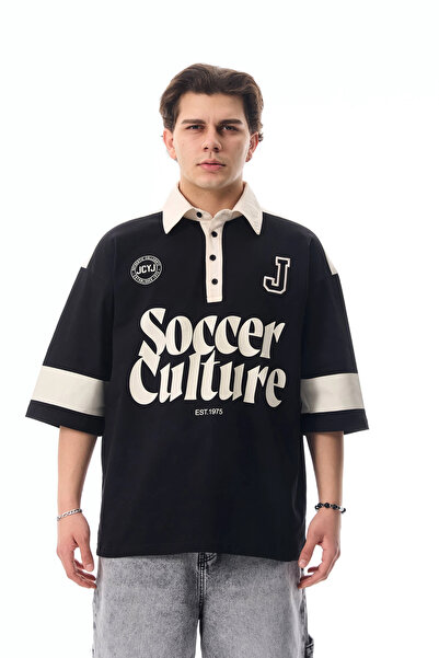 More Black تي شيرت Soccer Culture مطبوع Polo Yaka Premium قصة فضفاضة