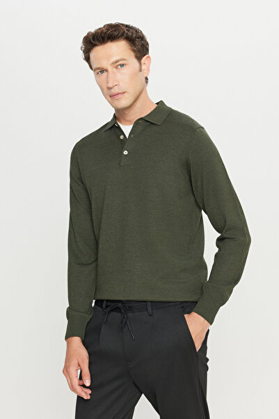 ALTINYILDIZ CLASSICS Men's Khaki Wool Standard Fit Regular Cut Polo Neck Basic Knitwear Sweater
