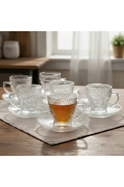 FAIR HOME Güneş Desen Cam 6 Kişilik Tabaklı Büyük Çay Fincan Seti – 6 x 210 ml