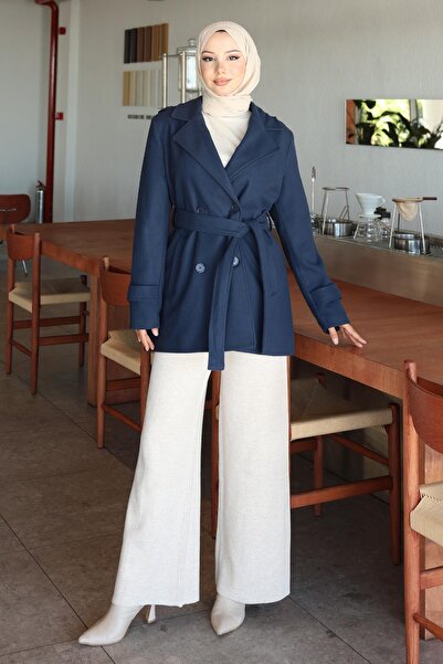 Modamihram Button Detailed Cashmere Coat Indigo 19274