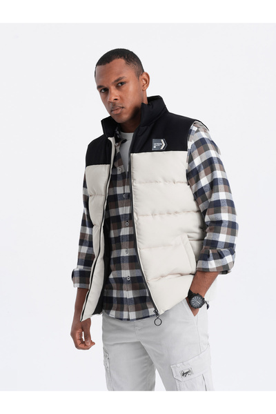 OMBRE Men's Quilted Vest in Contrasting Colors - Beige V1 OM-JAVJ-0161