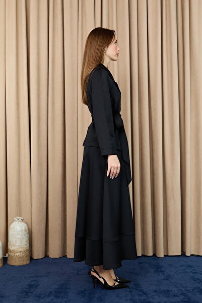 Puane Women's Belted Jacket Set with Collar Accessories - 14389Tkm - Black