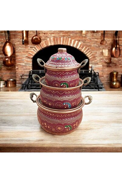 Bakır Center Mini Bakır Tencere 18*8 CM Mini Süs Tencere 3'lü Süs Biblo Tence...
