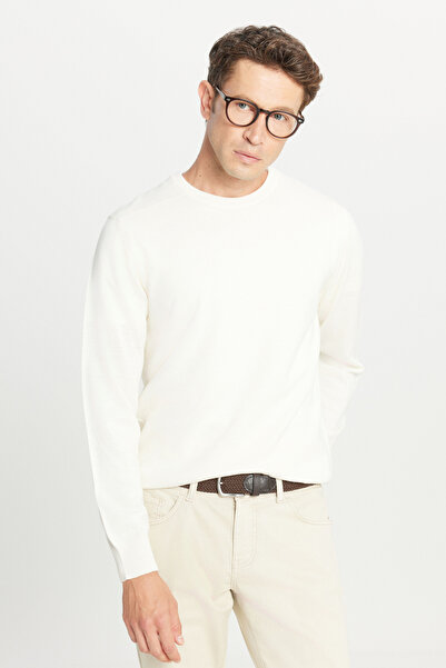 ALTINYILDIZ CLASSICS Men's Ecru Wool Standard Fit Regular Cut Crew Neck Knitwear Basic Sweater