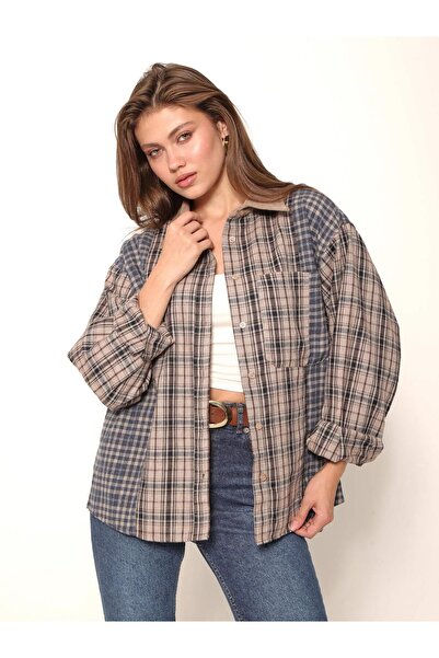 Coral Çift Ekoseli Kadife Yaka Gömlek Gml01157 Bej