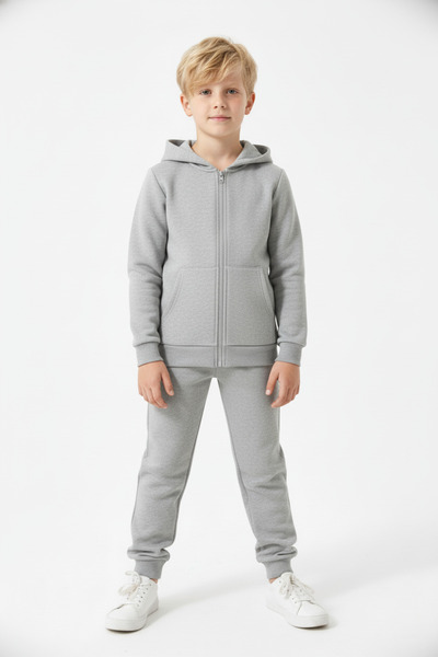 FYK KİDS 3 İplik Kışlık Ş επένδυση fleece Απλό χωρίς στάμπα με φερμουάρ K με κουκούλα Σετ αθλητικής φόρμας για αγόρια 4 τεμαχίων