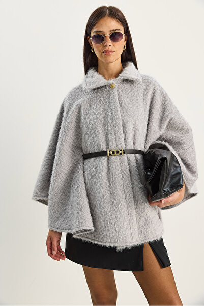 Bianco Lucci Women's Single Button Belted Bearded Soft Poncho 60282034