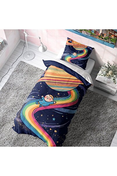 Viadela Colorful Rainbow and Planet Themed Space Duvet Cover Set (No Sheets)