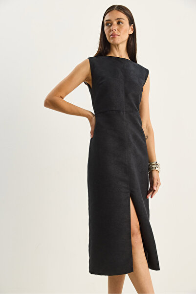 Bianco Lucci Γυναικείο φόρεμα με λεπτομέρεια υφαντό σουέτ με σχισμή 10969 60283696