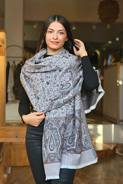 İpek Kaşmir Kahve Gri Çok Desenli Omuz Şalı