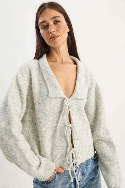 Bianco Lucci Women's Collared Tie Detail Knitwear Cardigan 9061 60283751