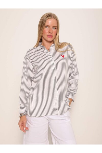 Coral Kalp Nakışlı Çizgili Gömlek Beyaz