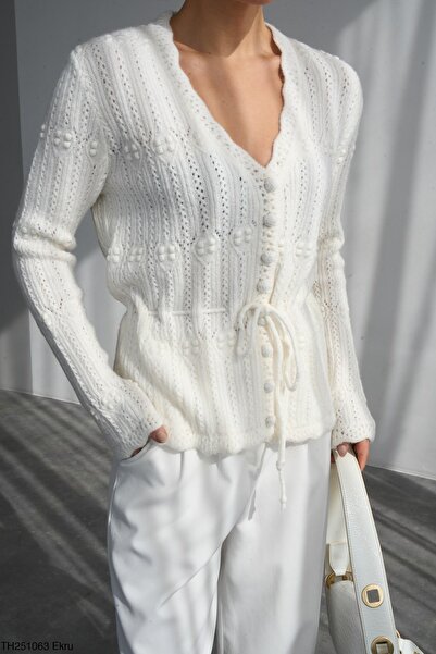 BZ BUTİK Vintage Cardigan with V-Neck Tie-Up Detail and Button Closure