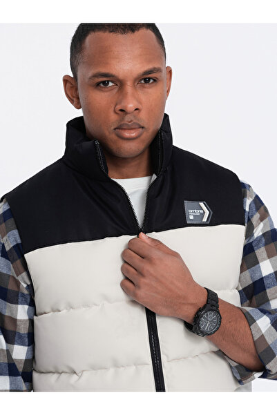 OMBRE Pánská prošívaná vesta v kontrastních barvách - béžová V1 OM-JAVJ-0161