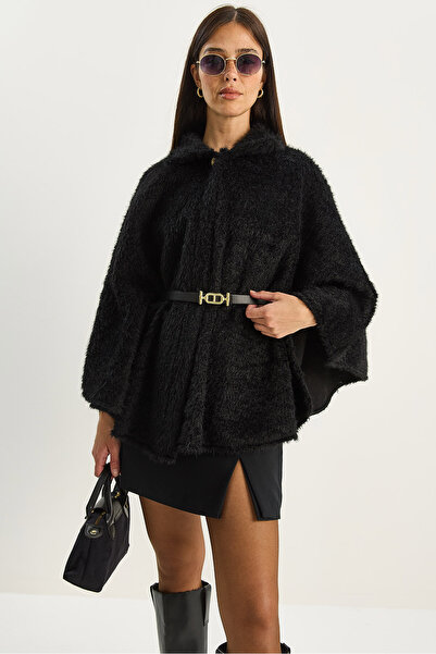 Bianco Lucci Women's Single Button Belted Bearded Soft Poncho 60282034