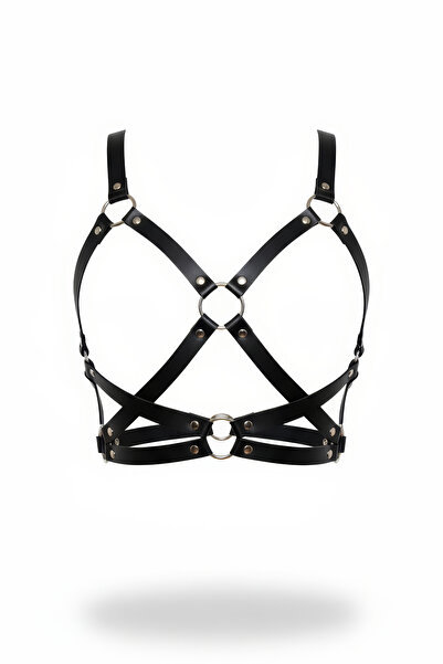 Angels Passion Curea neagră de damă cu detaliu inel în formă de O, model încr...