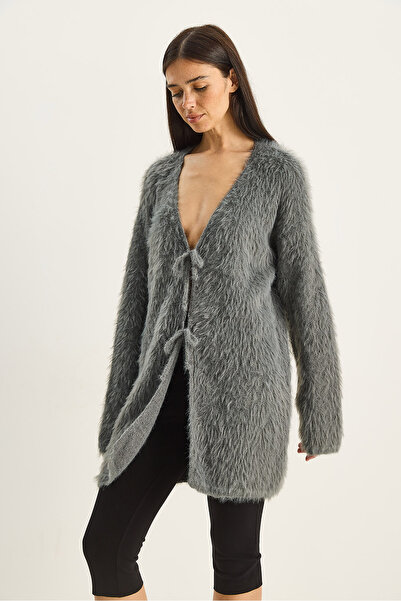 Bianco Lucci Women's Bearded Soft Textured Tie Detailed Knitwear Cardigan 9064 60283754