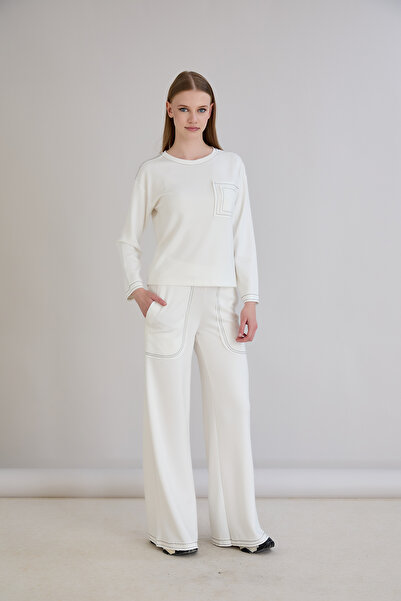 Sortie Collection Women's Regular Fit Pocket Stitching Detail Crew Neck Wide Leg Sweatpants Top and Bottom Set