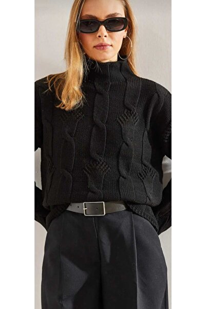 cheen Tricotaj negru cu model tricotat cu jumătate de gât de pescar croială p...