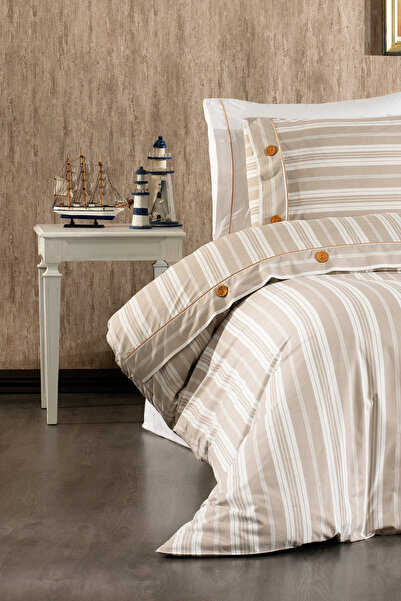 Serebien Home Collection Valentia 100% Cotton, Wooden Buttoned, Striped Fabric 4-Piece Premium Single Duvet Cover Set