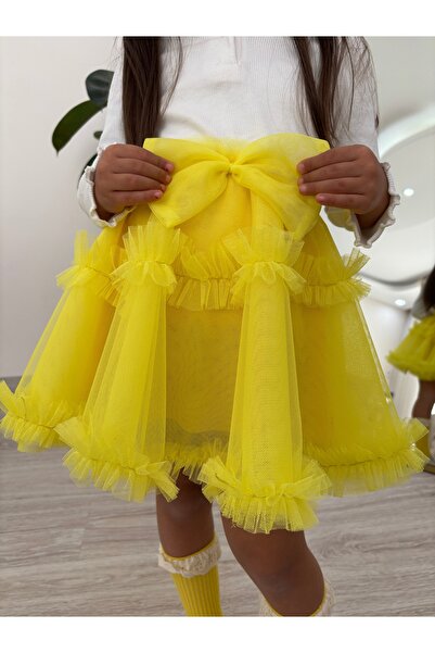 Ha-Ke Kids Kloş Çift Fırfırlı Fiyonk Detaylı Tül Kız Çocuk Etek, 4 Kat, Astarlı