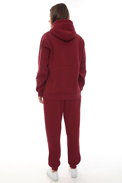 PHANTOM JEANS Burgundy Stylish Fleece Women's Tracksuit Set with Elasticated Legs and Pockets Hooded Embroidery Detail Compact Set