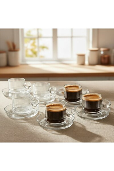 FAIR HOME طقم فناجين قهوة إسبريسو تركي مزدوج بنمط خطوط زجاجية لـ 6 أشخاص مع صحون - 6 × 100 مل