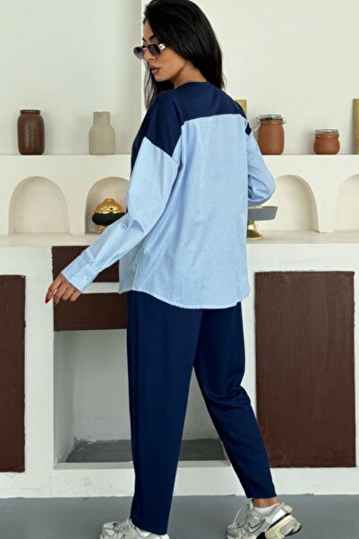 Ded COLLECTION Women's Striped Long Sleeve Shirt Detailed Round Neck Sweatshirt Modal Set