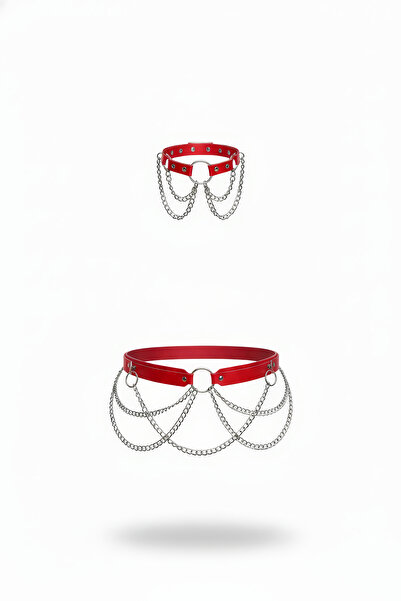 Angels Passion Червен дамски колан с верижка от халки и детайлизирана талия